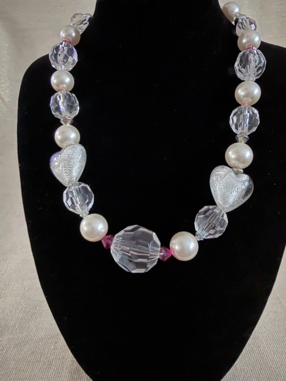 Crystal and Pearl Heart Necklace - White & Clear